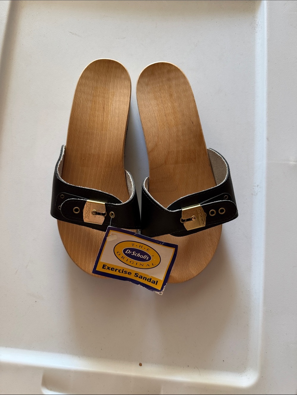 Dr. Scholl's Black Sandal with Gold Buckle and Wood-Tone Footbed
